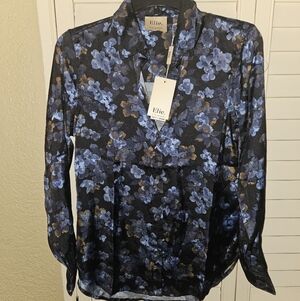 Elie Tahari Black Blue and Brown Floral Button-Down Shirt